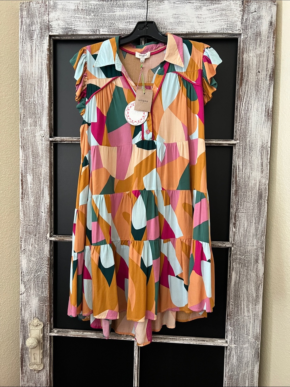 Umgee multicolor Geometric Tiered Dress with Ruffle Sleeves, slight high low.